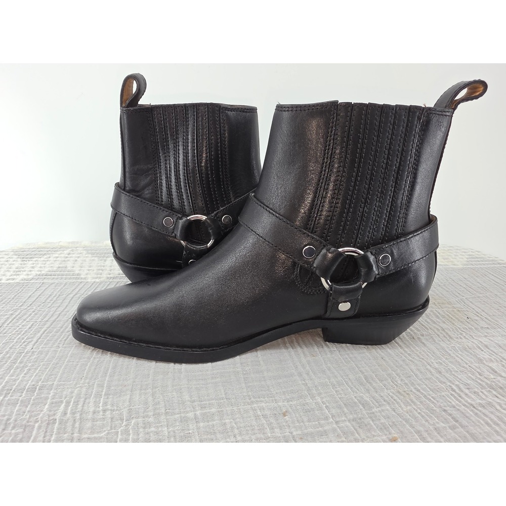 Madewell Women Black Leather Harness Ankle Boots Square Toe Stacked Heel Size 7